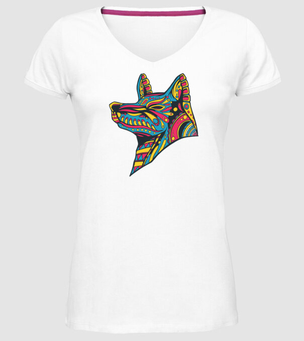 Cap de lup colorat model alb pe tricou