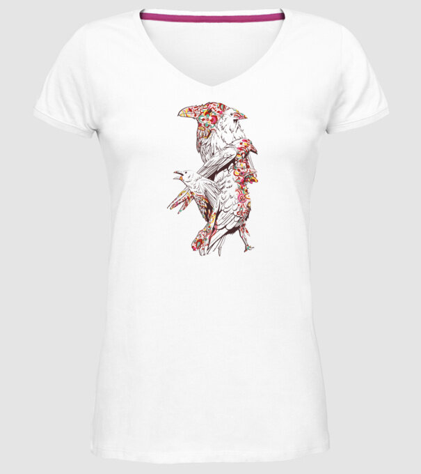 Păsări colorate model alb pe tricou