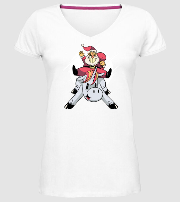 Moș Crăciun pe unicorn model alb pe tricou