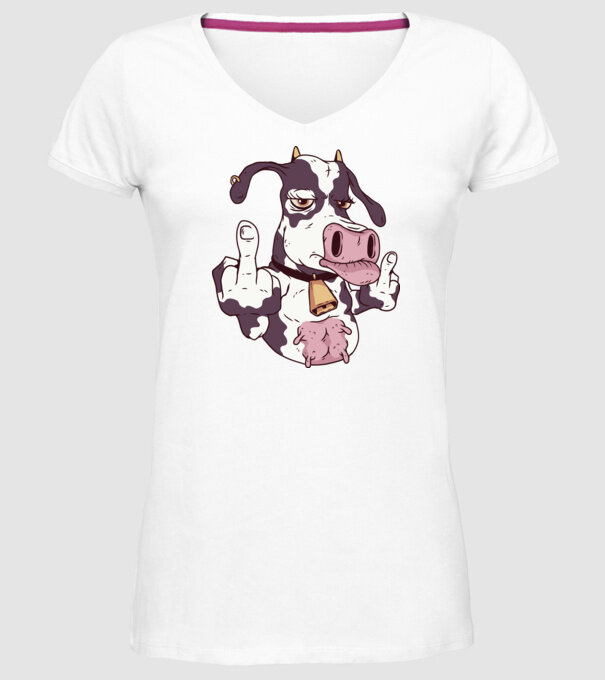 Vaca arată degetul model alb pe tricou