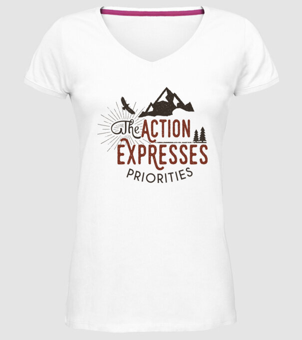 The action expresses priorities model alb pe tricou