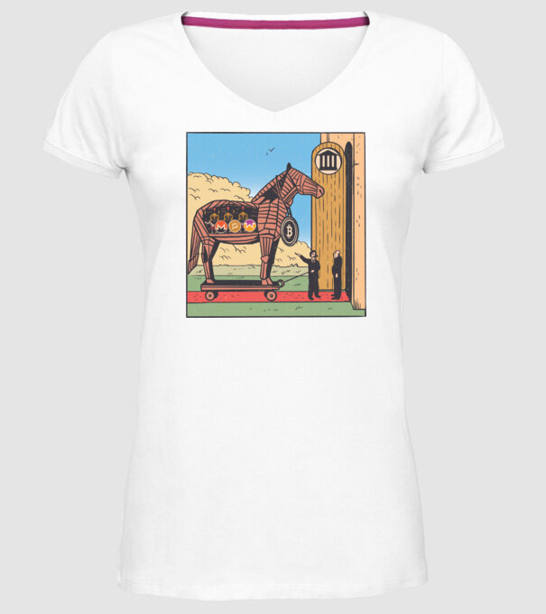 Cal troian Bitcoin model alb pe tricou
