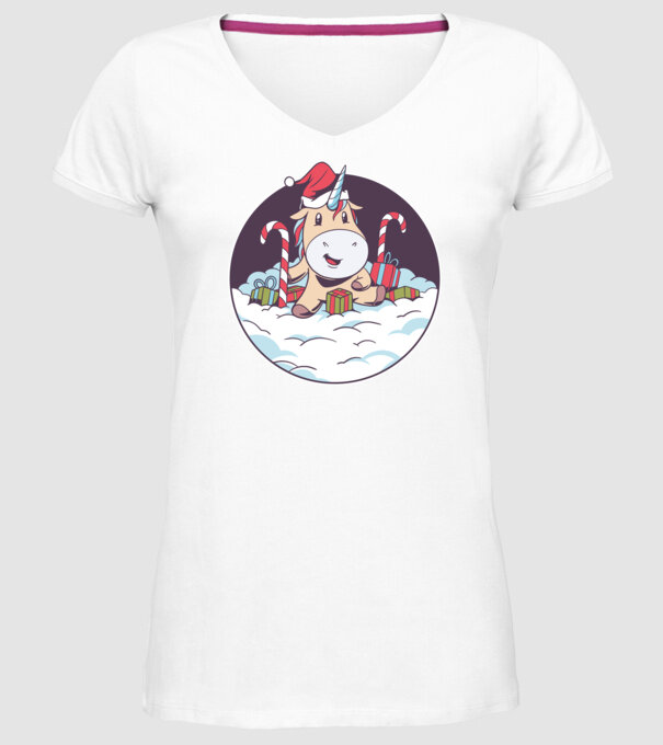 Unicorn Moș Crăciun cu cadouri model alb pe tricou