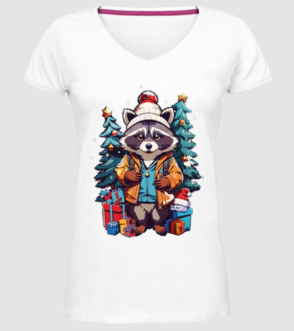 Crăciunul ratonilor model alb pe tricou