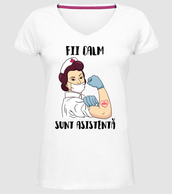 Fii calm, sunt asistentă model alb pe tricou