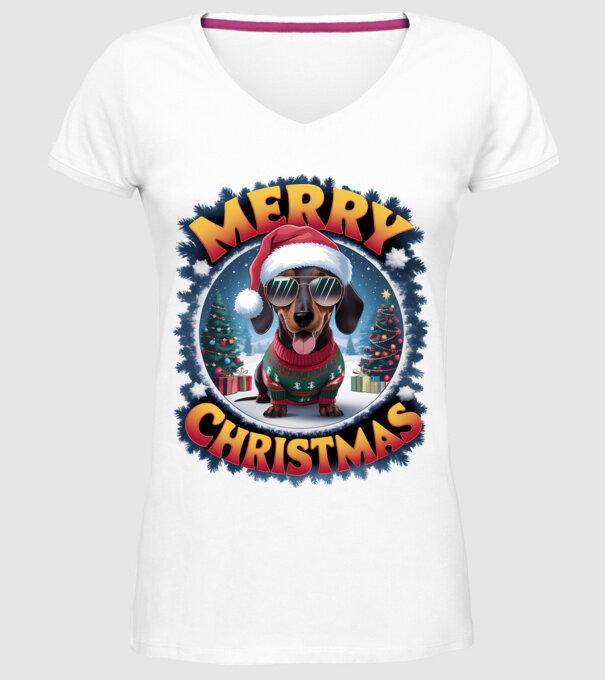 Merry Christmas Teckel model alb pe tricou