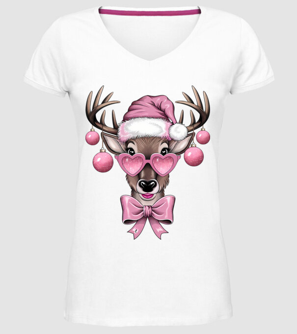 Pink Xmas Reindeer model alb pe tricou