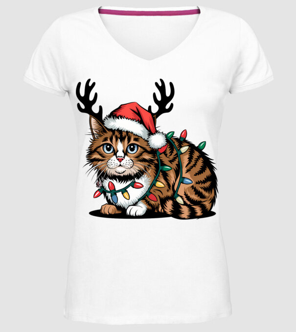 Pisica de craciun model alb pe tricou
