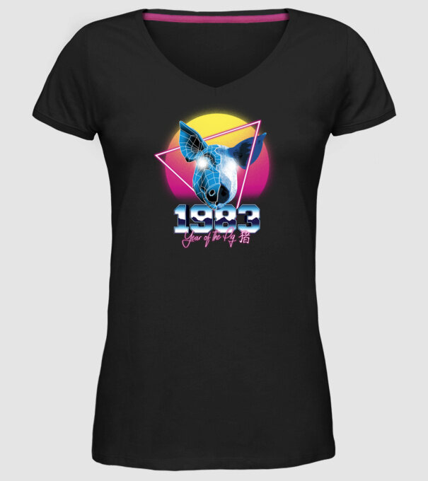 1983 Year of the Pig model negru pe tricou