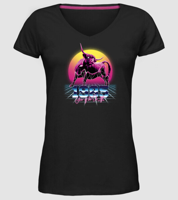 1985 Year of the Ox model negru pe tricou