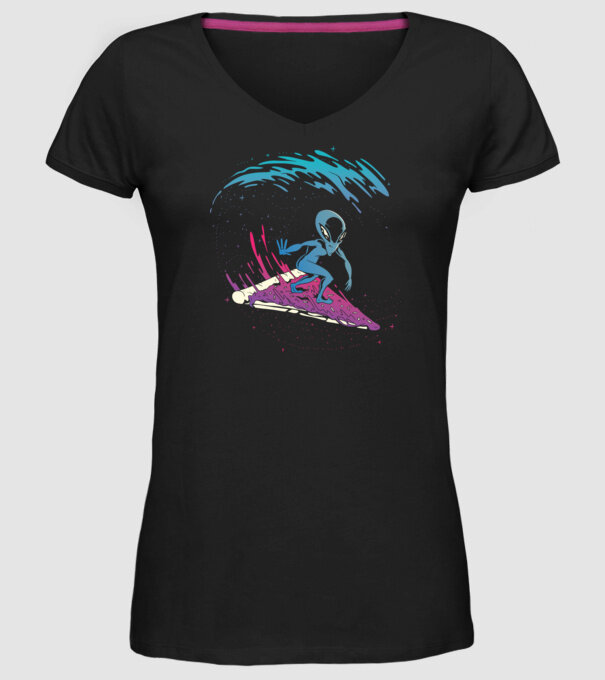 Alien Pizza Surf tricou amuzant model negru pe tricou