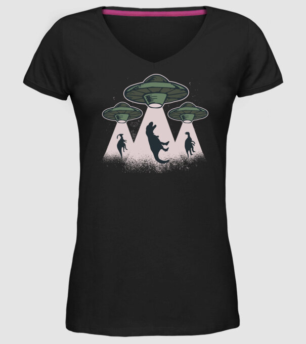 Alien OZN dinozaur model negru pe tricou