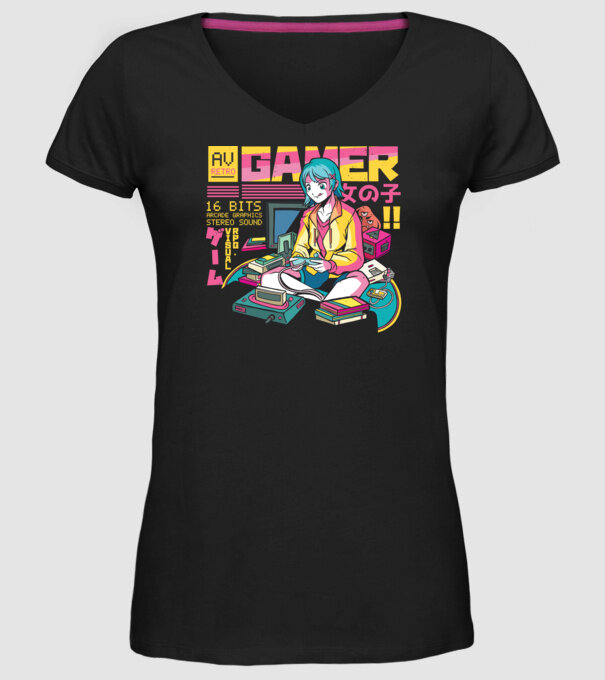 Anime fată Gamer model negru pe tricou