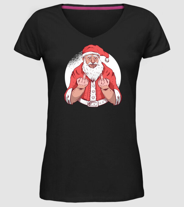 Moș Crăciun antisocial arată degetul model negru pe tricou