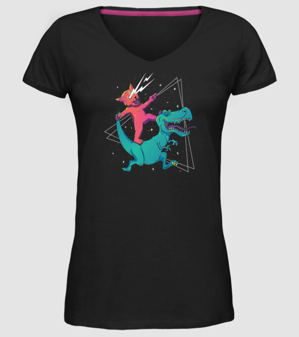 Pisică drogată pe dinozaur model negru pe tricou