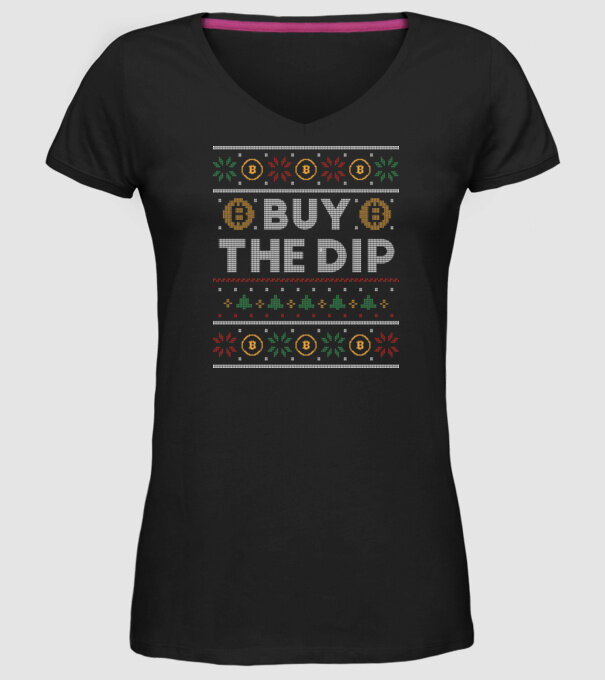 Buy the Dip Bitcoin Ugly Sweater model negru pe tricou