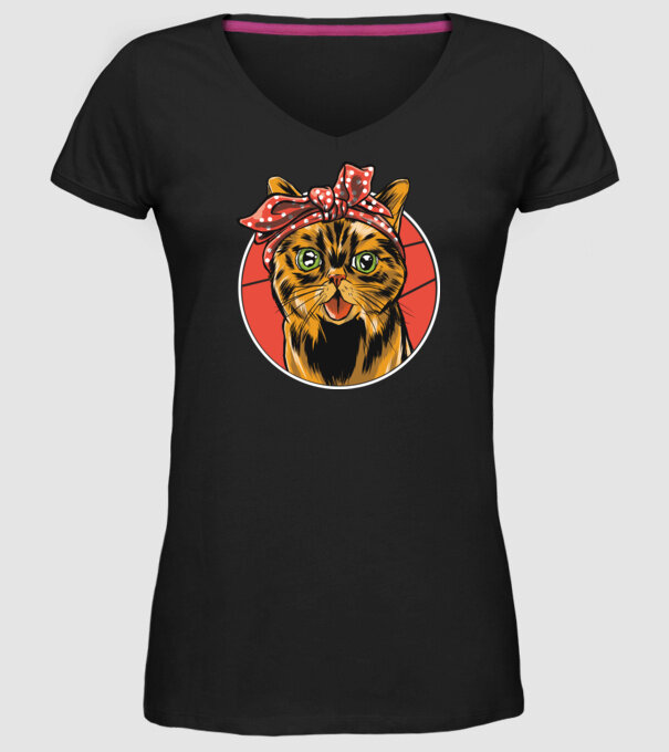 Cap de pisică cu batic model negru pe tricou