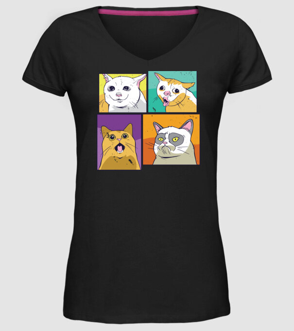 Pisică Meme Pop Art model negru pe tricou