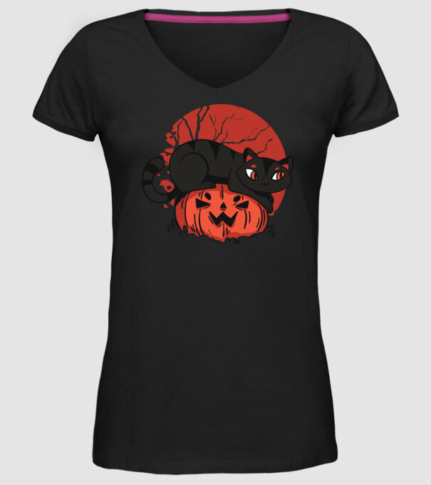 Pisică pe dovleac Halloween model negru pe tricou