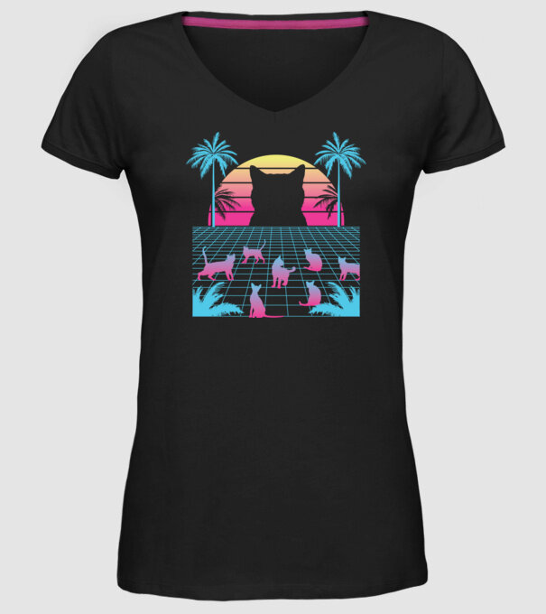 Pisică Vaporwave neon model negru pe tricou