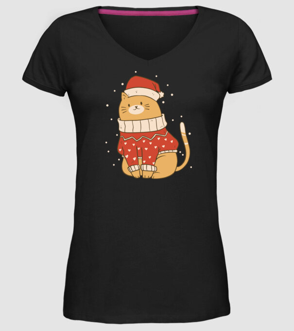 Pisică drăguță de Crăciun model negru pe tricou