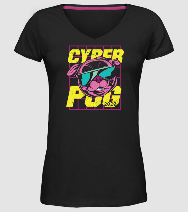 Mops Cyber Pug model negru pe tricou