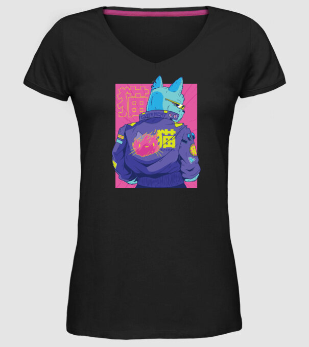 Pisică Cyberpunk model negru pe tricou