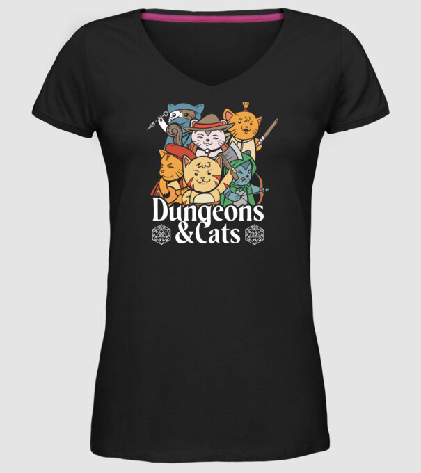 Dungeons and Cats - Joc de rol cu pisici model negru pe tricou