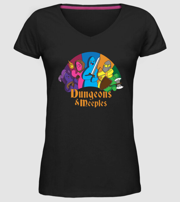 Dungeons Meeples model negru pe tricou