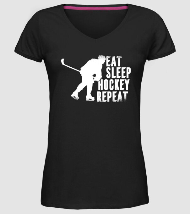 Eat Sleep Hockey Repeat model negru pe tricou