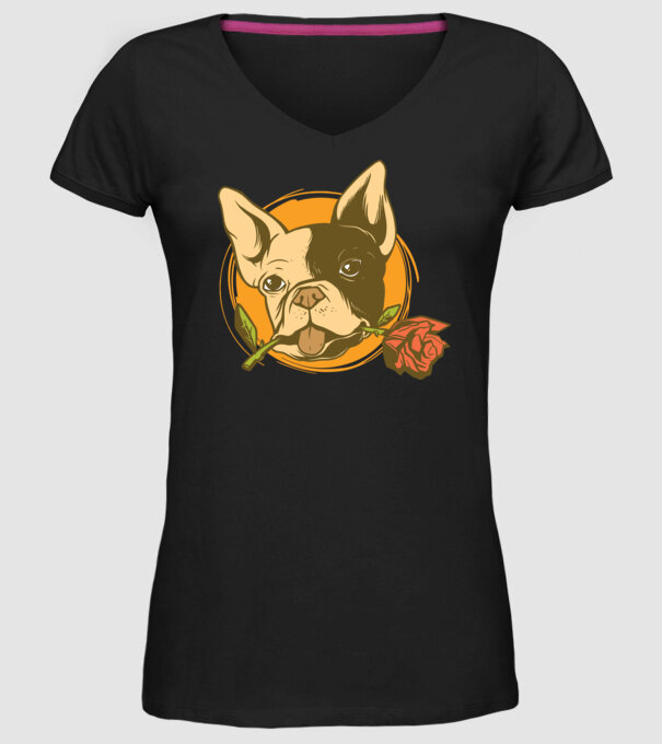 Bulldog francez cu trandafir model negru pe tricou