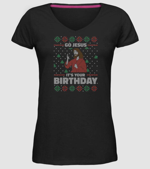 'Go Jesus, It''s Your Birthday Ugly Sweater' model negru pe tricou