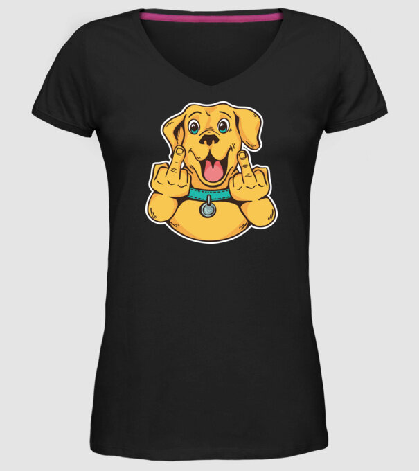 Golden Retriever arată degetul model negru pe tricou