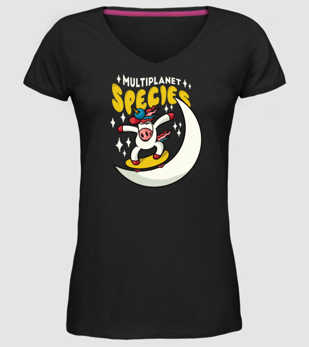 Skateboarding unicorn model negru pe tricou