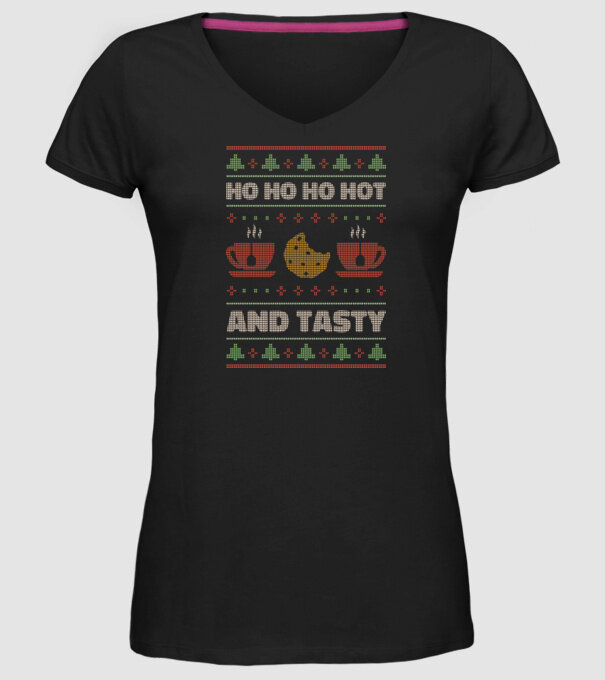 Ho Ho Ho Hot and Tasty Pulovăr urât model negru pe tricou