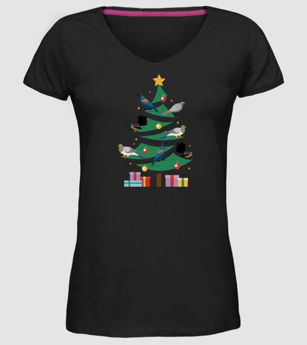Pom de Crăciun cu păsări model negru pe tricou