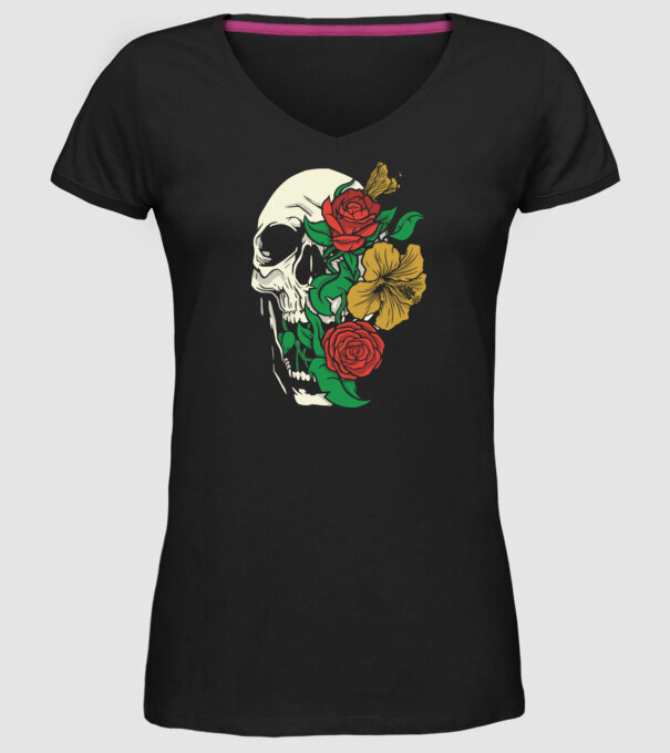 Trandafir craniu model negru pe tricou