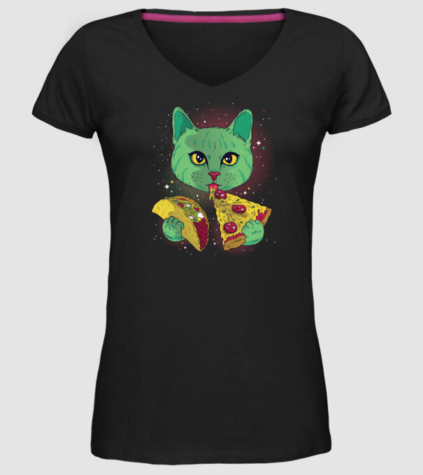 Pisică Cosmică Pizza și Taco model negru pe tricou