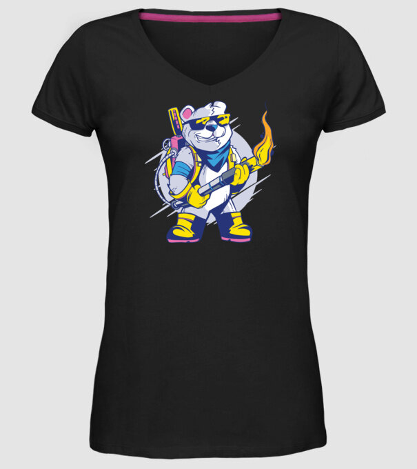 Urs cu aruncător de flăcări model negru pe tricou