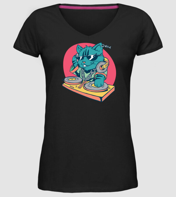 Pisică DJ model negru pe tricou