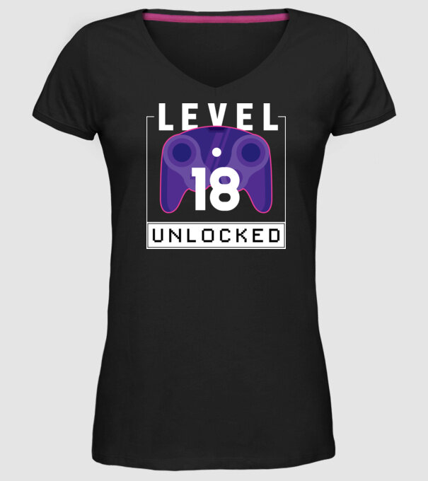 Level 18 Unlocked Gamer Birthday model negru pe tricou