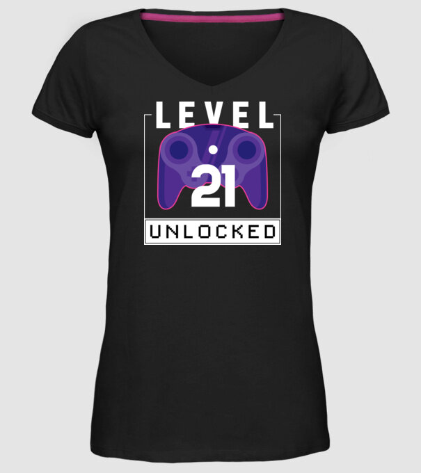 Level 21 Unlocked Gamer Birthday model negru pe tricou