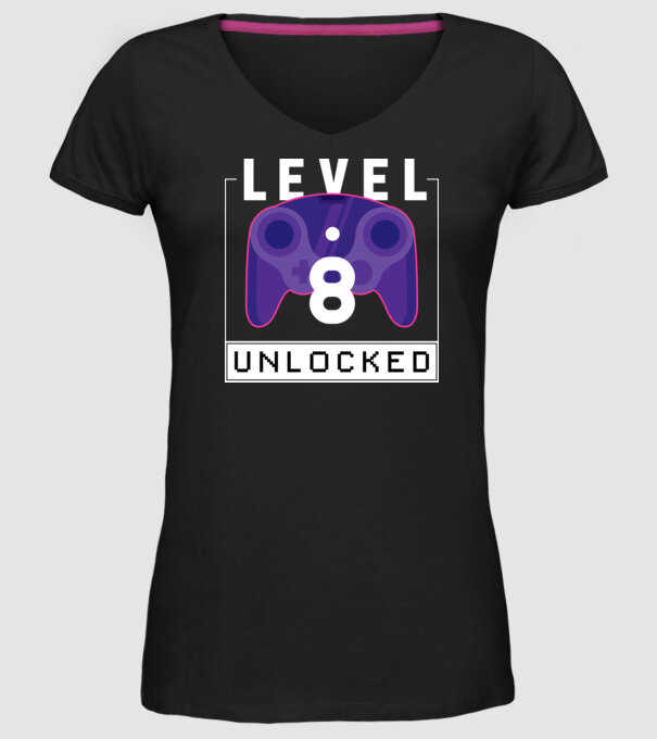 Level 8 Unlocked Gamer Birthday model negru pe tricou