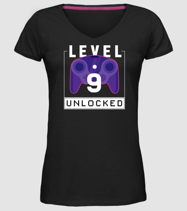 Level 9 Unlocked Gamer Birthday model negru pe tricou