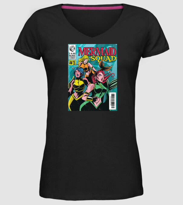 benzi desenate Mermaid Squad model negru pe tricou
