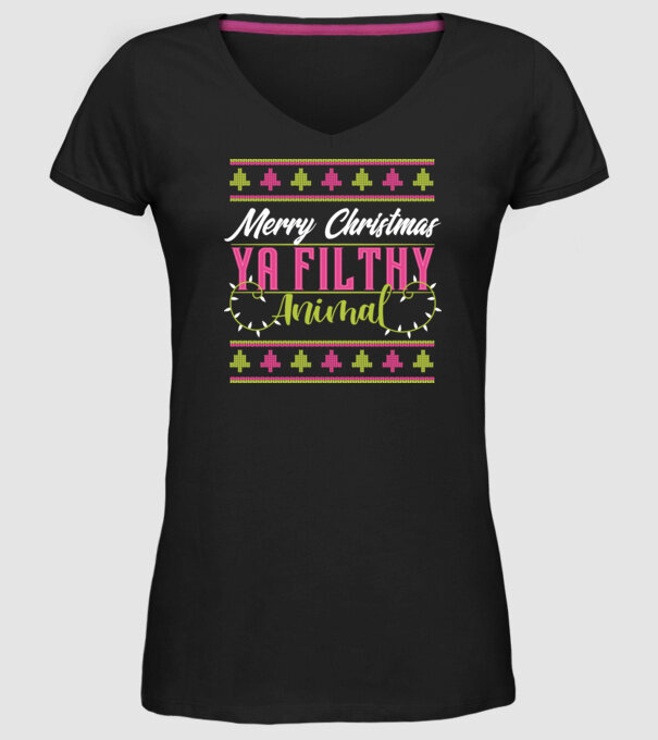 Merry Christmas Ya Filthy Animal model negru pe tricou