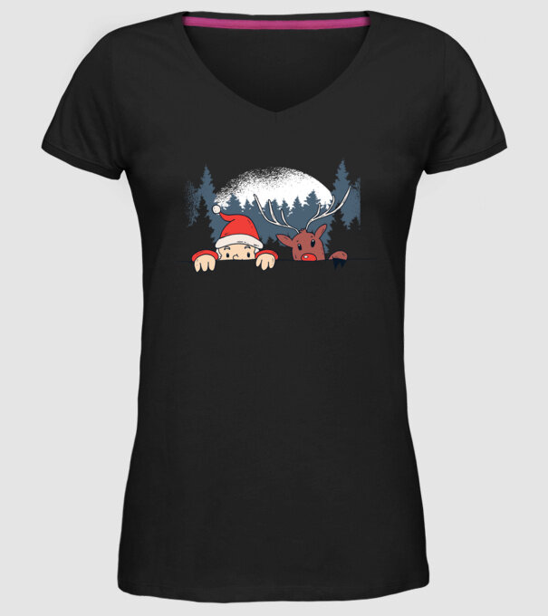 Moș Crăciun și Rudolf trag cu ochiul model negru pe tricou