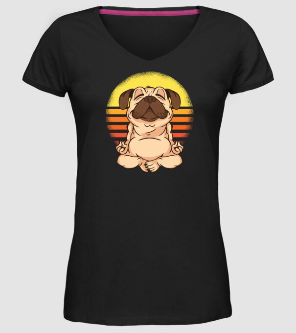 Mops Yoga tricou model negru pe tricou