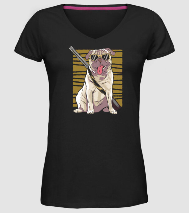 Mops cu pușcă tricou amuzant cu câine model negru pe tricou