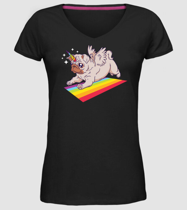 Mops unicorn model negru pe tricou